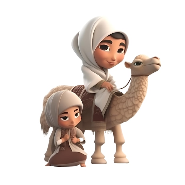 흰색 배경에 낙타와 함께 행복한 이슬람 가족의 3d 그림