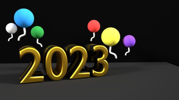 3d illustration happy new year 2023 render scene set up black\
light with ballon