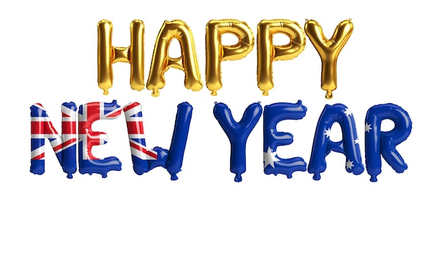 3d illustration of happy new year letter balloons with Australia flag color isolated on white