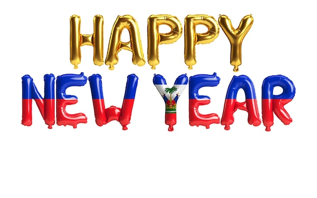흰색 배경에 고립 된 아이티 국기 색으로 새해 복 많이 받으세요 편지 풍선의 3d 일러스트