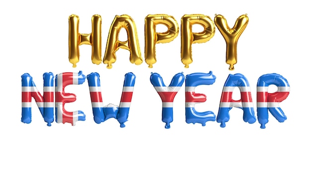 3d illustration of happy new year letter balloons with Iceland flag color isolated on white