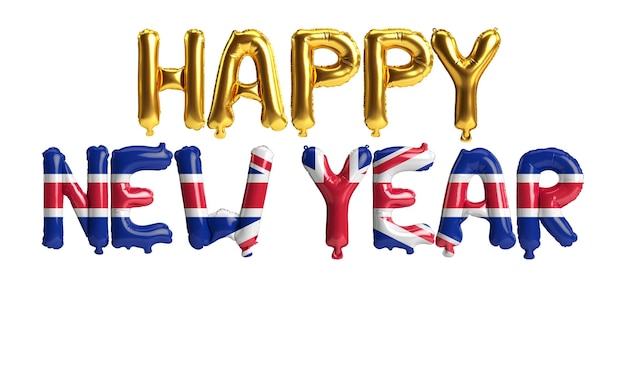 3d illustration of happy new year letter balloons with United Kingdom flag color isolated on white