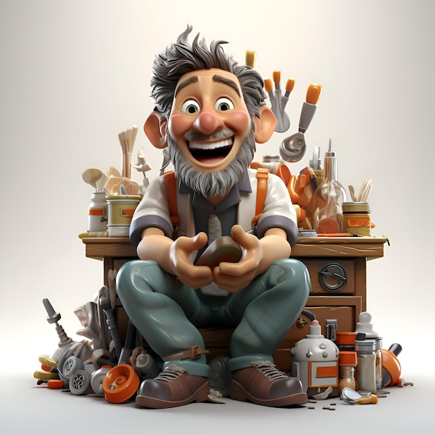 3D illustration of a happy old man sitting in his workshop with tools