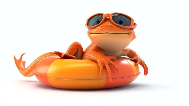Photo 3d illustration of a happy orange lizard floating on an orange inner tube the lizard is wearing sunglasses and has a big smile on its face