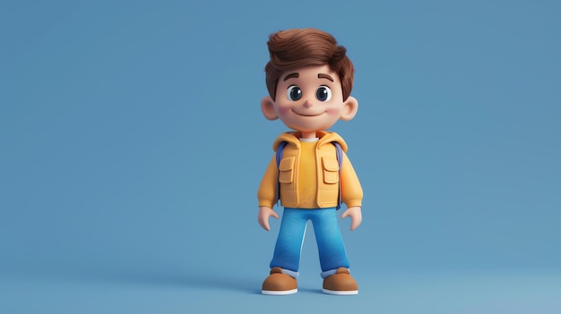 3D illustration of a happy smiling boy wearing a yellow jacket and blue jeans He has brown hair and brown eyes