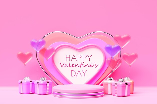 3d illustration happy valentines day and stage podium decorated with heart shape lighting Abstract background with pink heart 3D scene design Suitable for Valentine's Day and Mother's Day