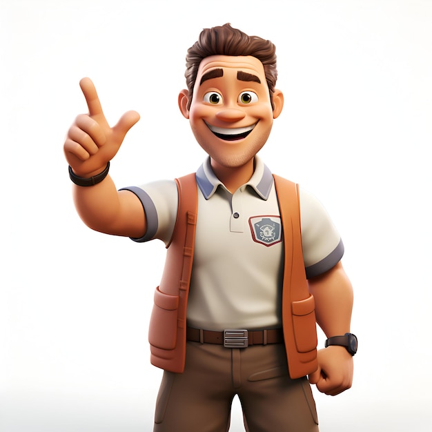 3D Illustration of a happy young man with suspenders pointing up