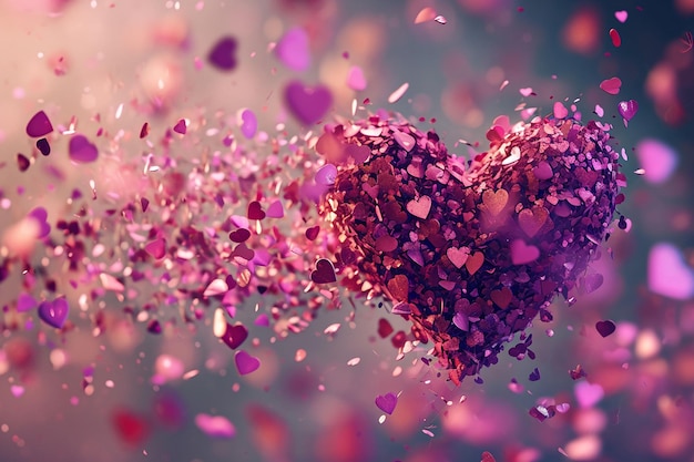 Photo 3d illustration of heart and confetti for valentines day boken background