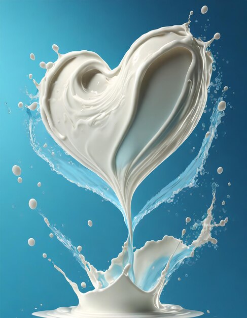 Photo 3d illustration of heart shape milk splash on blue background with clipping path