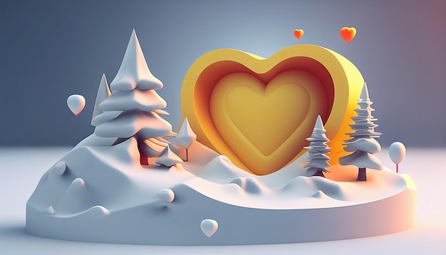 A 3d illustration of a heart with snow and trees