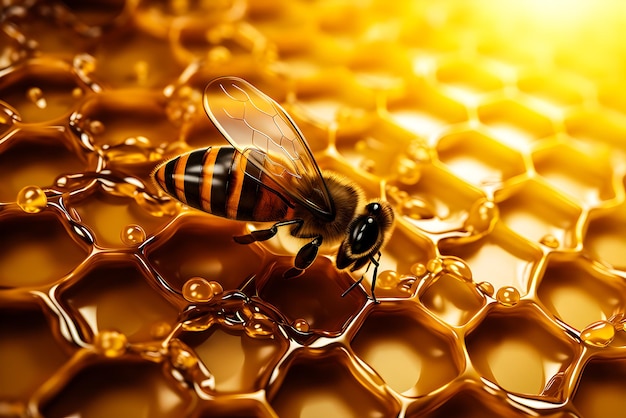 3d иллюстрация меда с пчелой и каплями генеративной ai
