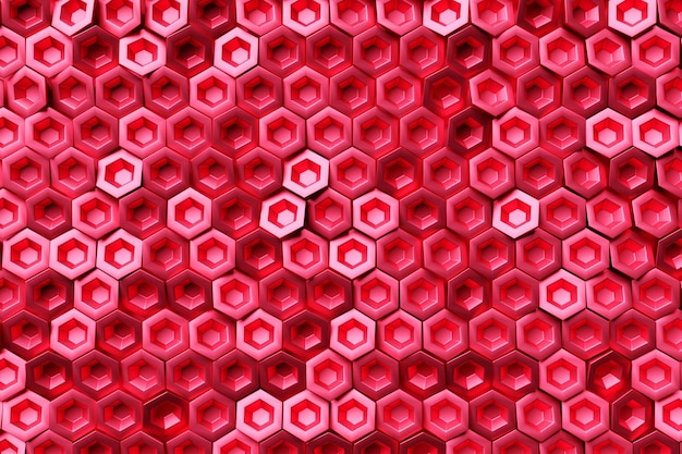 Photo 3d illustration honeycomb mosaic realistic texture of geometric grid cells abstract red wallpaper with hexagonal grid