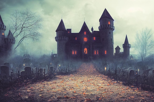 3D illustration Horror Castle Background With Graveyard In Halloween Night