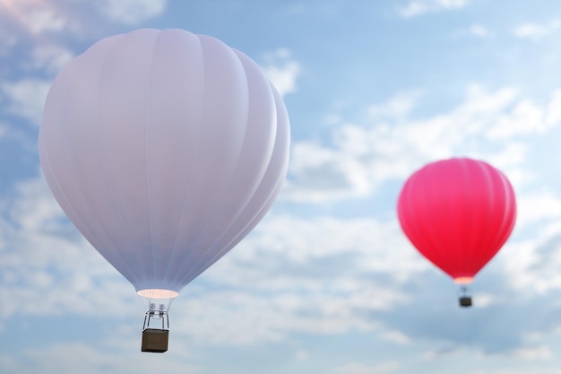 3D illustration hot air balloon on sky background. White, red, blue, green and yellow air ballon flyes on sky.