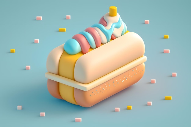 Photo a 3d illustration of a hot dog with a pink ice cream cone on top.