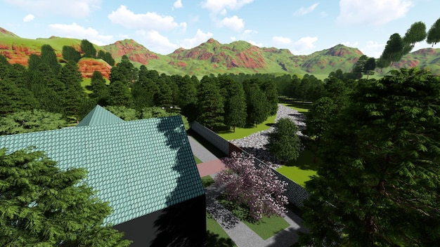 3D illustration of a house in the mountains with many trees2 Stone road 3D rendering