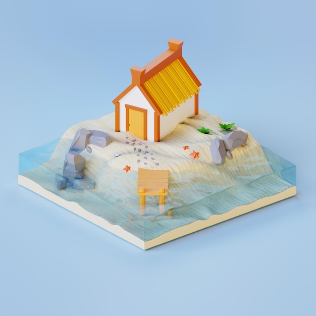 Foto illustrazione 3d casa sulla spiaggia sabbiosa