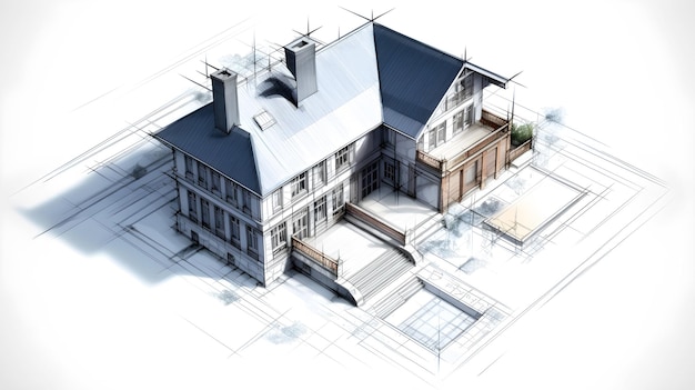 3d illustration house on sketch up floorplan white paper