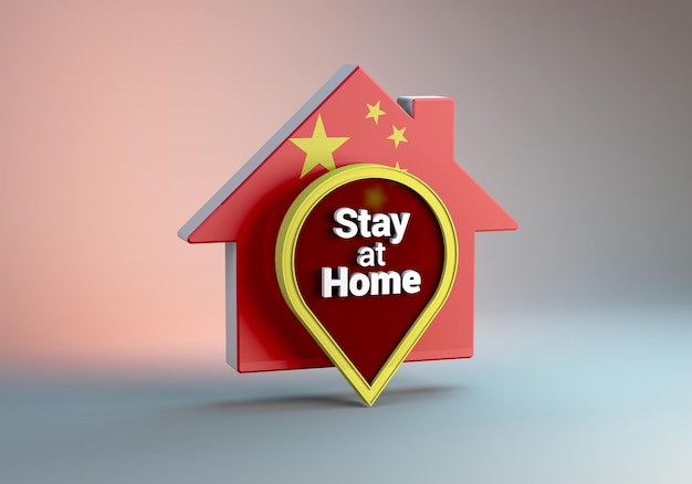 코로나바이러스 또는 코비드19 전염병으로부터 집에 머물라는 문구가 있는 중국 국기가 있는 집의 3D 그림
