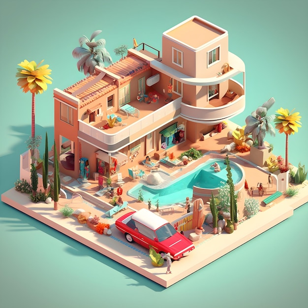 A 3d illustration of a house with a pool and palm trees on the top