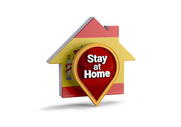 A 3D illustration of a house with the Spain flag with the phrase Stay at Home protect from Coronavirus or Covid19 epidemic