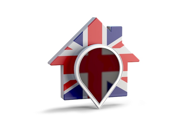 3D illustration of a house with the United Kingdom flag and a location pin