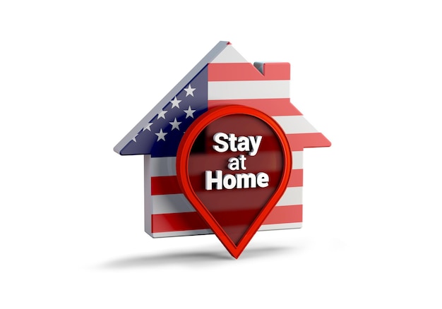 A 3D illustration of a house with the United States flag with the phrase Stay at Home protect from Coronavirus or Covid19 epidemic