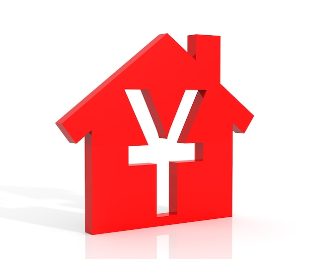 3d illustration of house and yuan symbol over white background