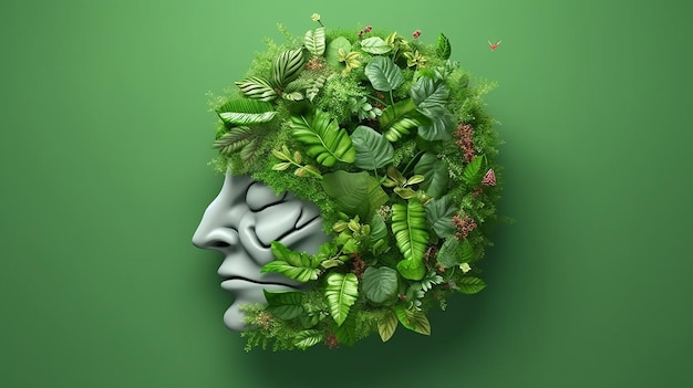 3d illustration of human brain covered with plants over green background generative ai