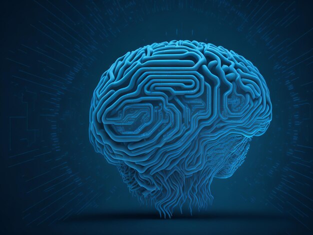 3D illustration of human brain with circuit board on blue background