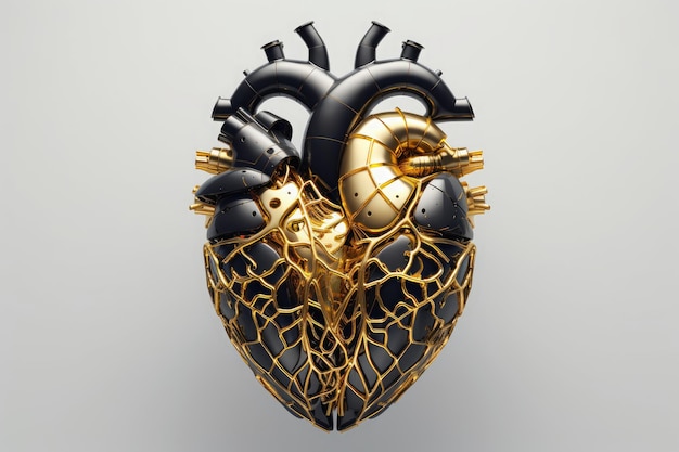 검은색 오닉스 금색 하이라이트 AI 생성으로 만들어진 인간 심장의 3d 그림
