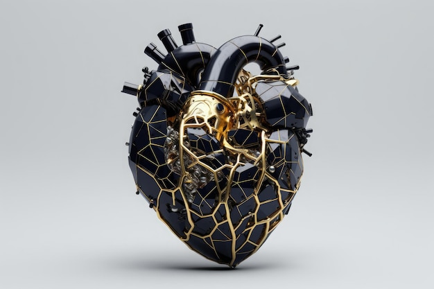 검은색 오닉스 금색 하이라이트 AI 생성으로 만들어진 인간 심장의 3d 그림
