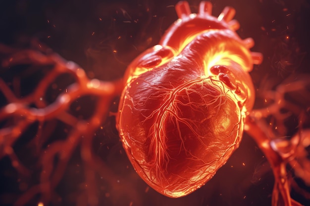 A 3D illustration of a human heart up close