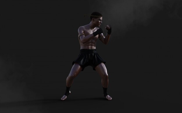 クリッピングパス、キックボクシング、筋肉マンの暗闇で3 dイラスト人間武道スポーツトレーニング。
