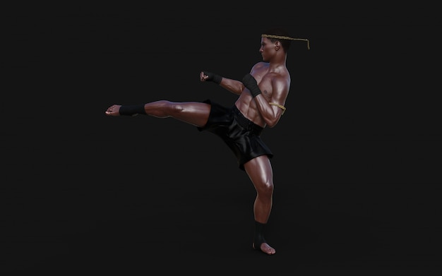 Тренировка спортов боевых искусств человека иллюстрации 3d с путем клиппирования, боксом пинком, человеком мышцы в темноте.