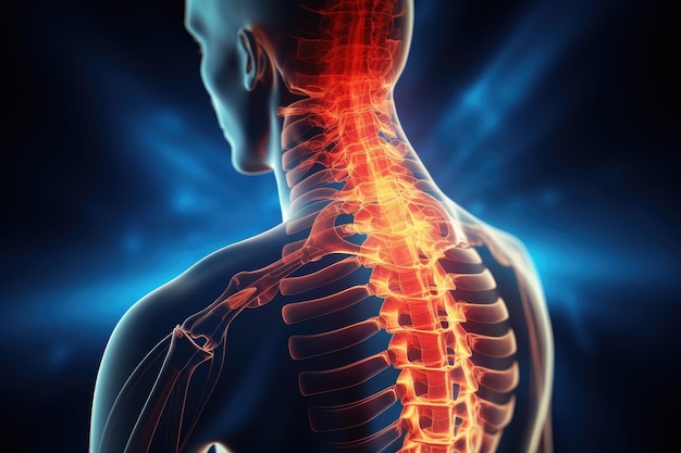 3D Illustration of human skeleton anatomy back pain on blue background Spine injury pain in sacral and cervical region concept 3d render AI Generated