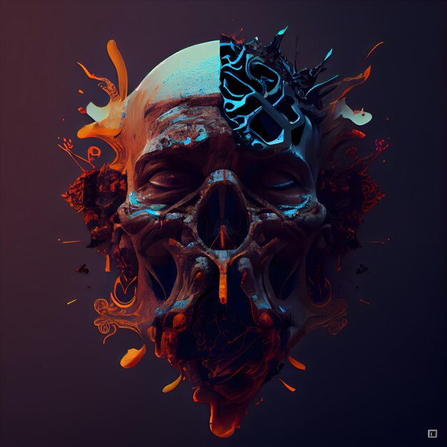 3d illustration of human skull with colored splashes on dark background