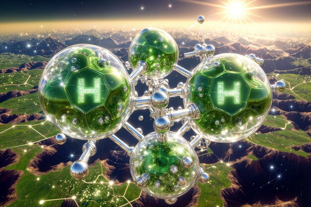 3D illustration of a hydrogen molecule An image capturing the essence of renewable energy highlighti