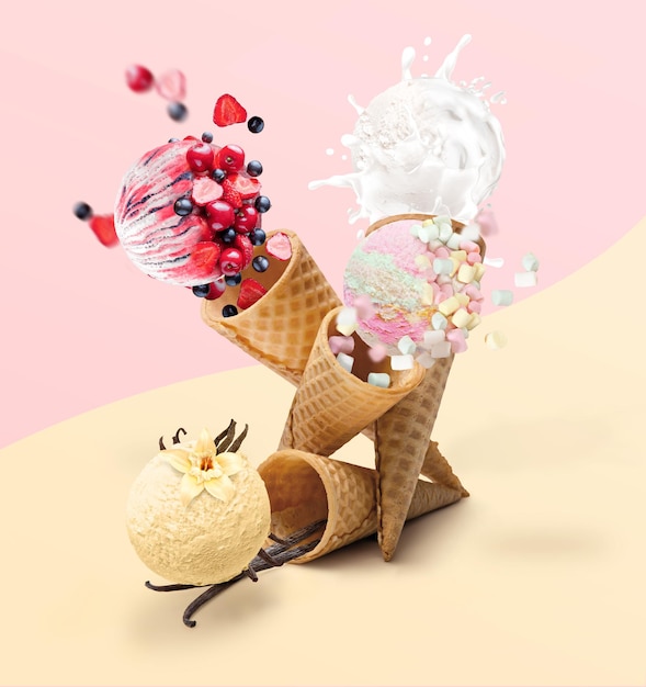3d illustration ice cream cones with fruit yogurt vanilla natural yogurt and marshmallow flavors