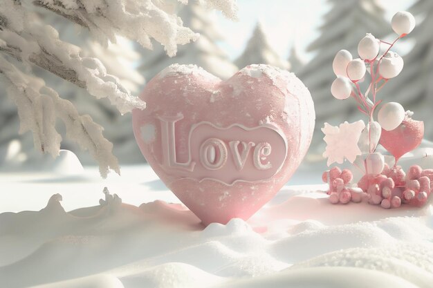 3D illustration of ice heart with LOVE and Christmas tree in winter wonderland setting Great for Valentine's Day or Christmas