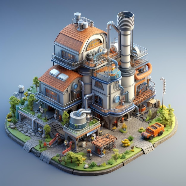 3d illustration icon of a factory building isometric view