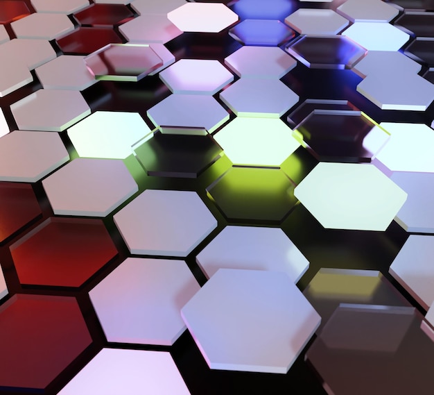 3d illustration of illuminated colored hexagons surface between colored hexagons with blur