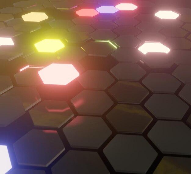 3d illustration of illuminated colorful hexagons amidst white and silver hexagons in misty