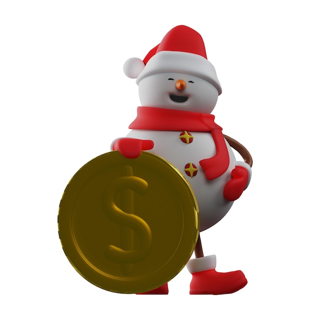 3D illustration Illustration of a 3D Snowman character holding a giant coin showing a funny laugh