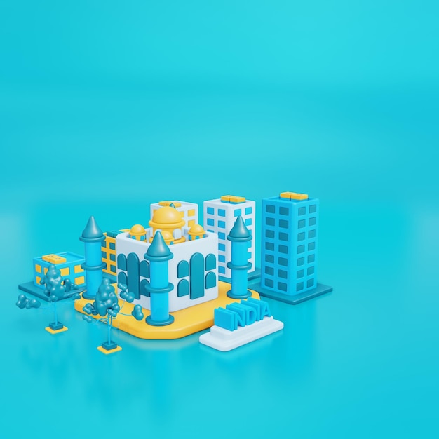 3d illustration India and Taj Mahal as landmark with simple building around in blue and yellow