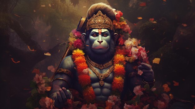 3D illustration of the Indian god Hanuman with a floral background surrounding it