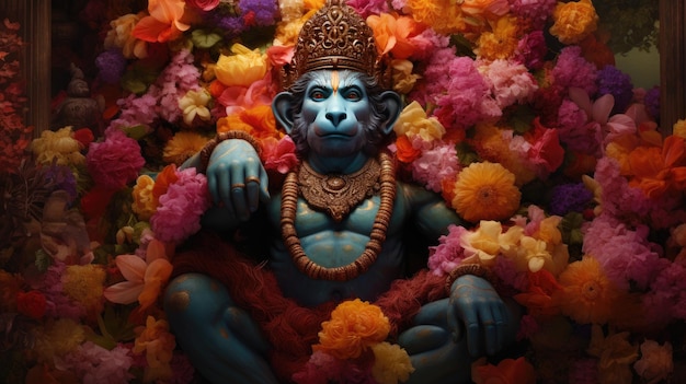 3D-иллюстрация индийского бога Ханумана на цветочном фоне вокруг него