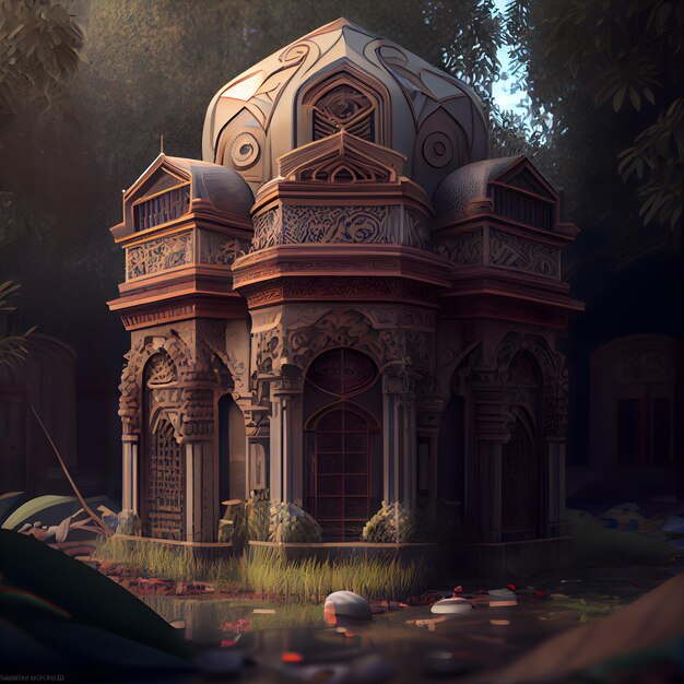 3D illustration of an Indian temple in the park India