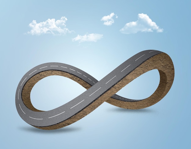 3d illustration of infinite loop road with soil section, infinity symbol highway isolated with cloud