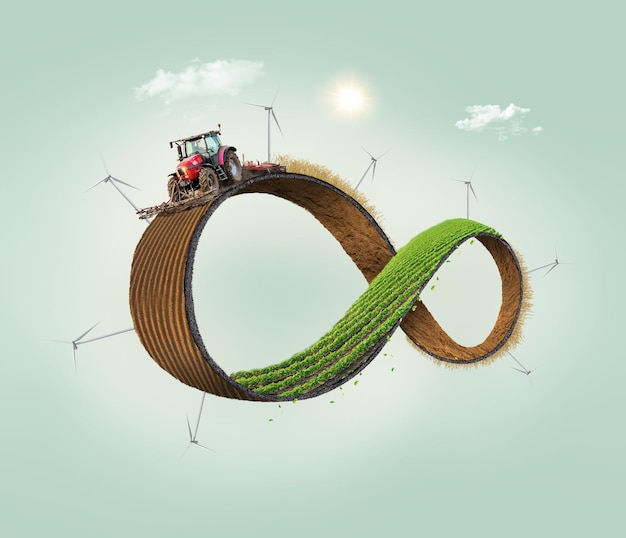 3d illustration infinity shape of different agriculture fields with tractor isolated and grass agri